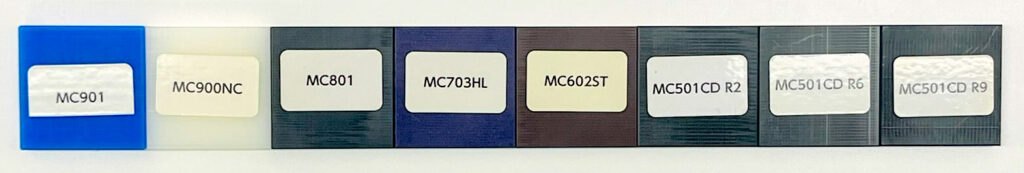 MCナイロン各種グレードの板材サンプル一覧（MC901、MC900NC、MC801、MC703HL、MC602ST、MC501CD R2、R6、R9）