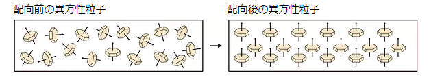 配向前の異方性粒子と配向後の異方性粒子のイラスト